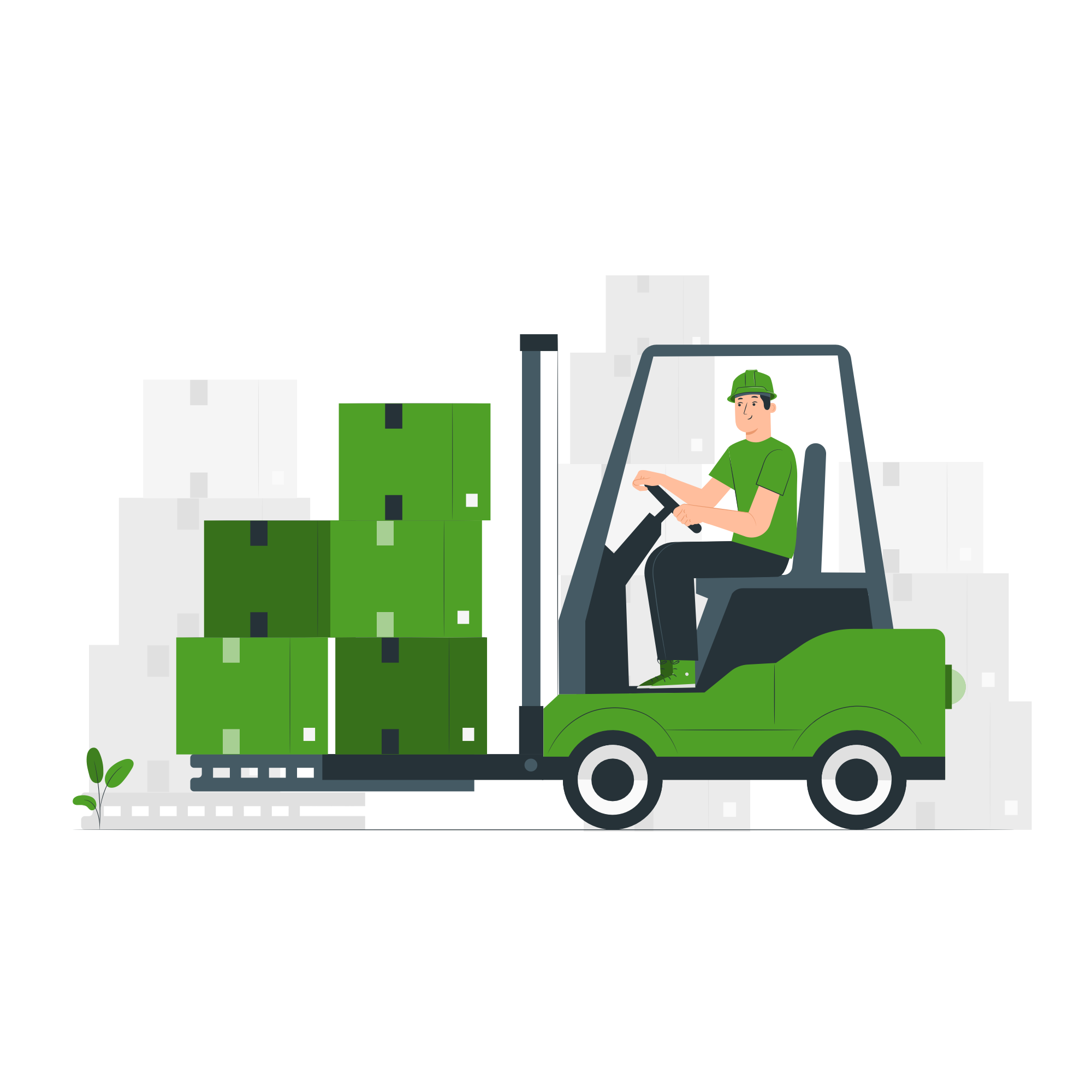 Illustration of a Rays warehouse operator on a forklift moving boxes — pick, pack and last-mile